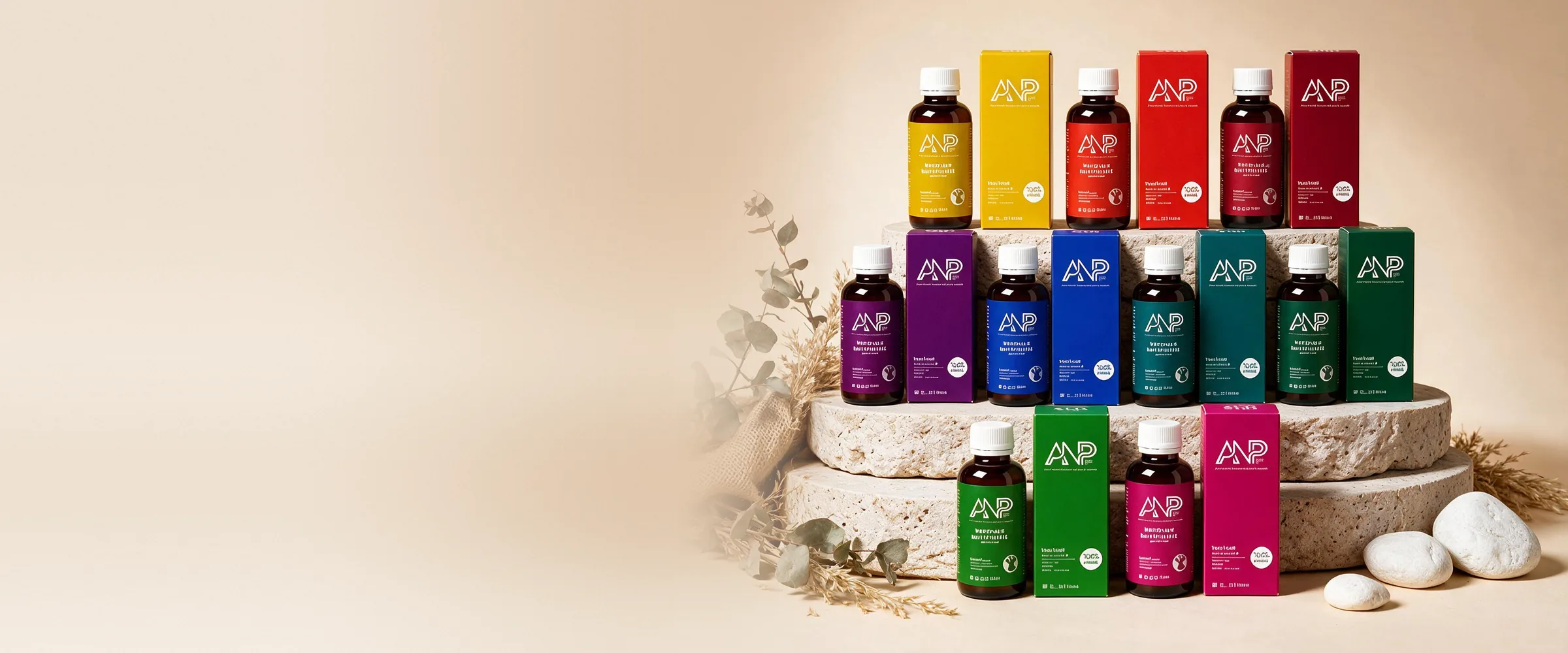 Frascos ámbar y cajas de nutracéuticos ANP en amarillo, rojo, burdeo, morado, azul, verde petróleo, verde y fucsia, sobre pedestales de piedra